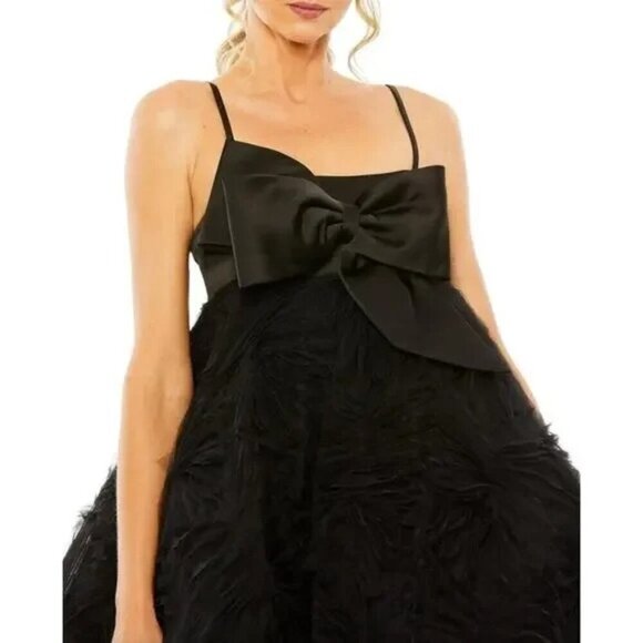 NWT MAC DUGGAL Dress Size 2 Evening Gown Black Mini Tulle Satin Bow Fit Flare - Picture 2 of 8